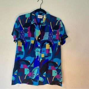 Chico's Design Button-down Shirt- 100% Silk- Multicolor Geometric Japanese Art